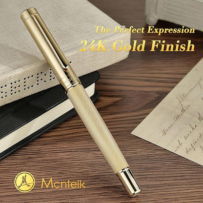 Gold Personalized Rollerball Pen, Stunning Luxury Pen with Mesh Texture Design and 24K Gold Finish, Fancy Gift Set for Men & Women, Business Signature, Executive, Office,Fancy Designer Pens