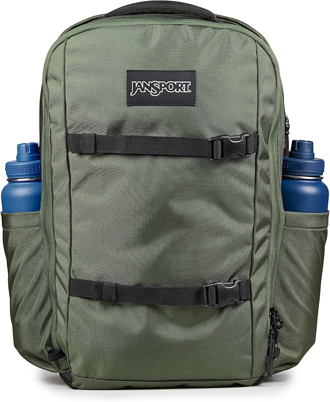 JanSport Venture Pack – Travel Pack With Large Main Compartment with Compression Straps, Dual Water Bottle Pockets, Padded Hip Belt & Luggage Trolley Pass-Through, Cargo Green