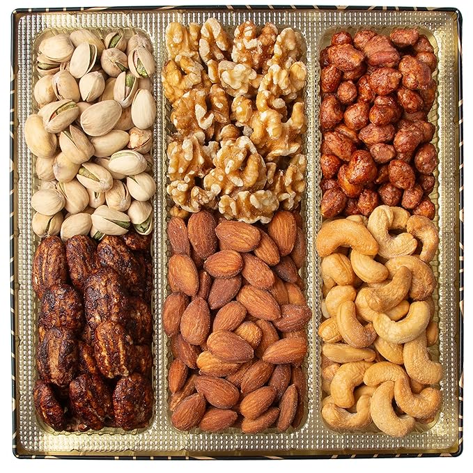 Oh! Nuts 6 Section Nuts Gift Basket - Gourmet Assorted Nut Gifts Baskets - Healthy Nuts Gift Square Metal Tin Box - Premium Food Gift for Birthday, Holiday, Movie Night, Corporate, Men & Women