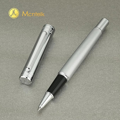 Silver Rollerball Pen, Stunning Luxury Pen with Mesh Texture Design, Bright Silver Chrome Finish, Schmidt refill, Nice Gift Set for Men & Women, Executive, Office, Graduation, Fancy Pens