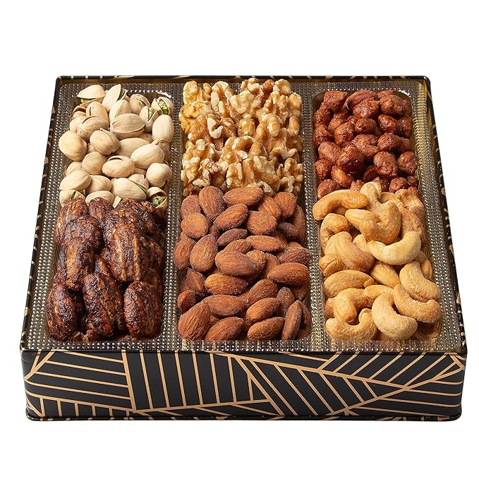 Oh! Nuts 6 Section Nuts Gift Basket - Gourmet Assorted Nut Gifts Baskets - Healthy Nuts Gift Square Metal Tin Box - Premium Food Gift for Birthday, Holiday, Movie Night, Corporate, Men & Women