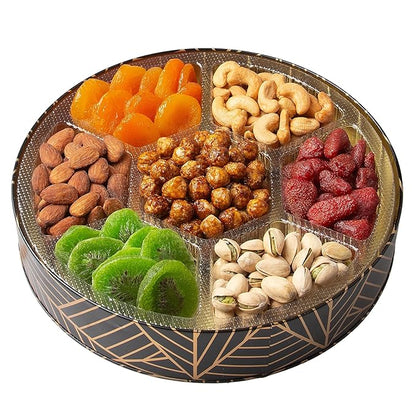 Oh! Nuts 7 Section Dried Fruits and Nuts Gift Basket - Gourmet Assorted Fruit & Nut Gifts Baskets - Healthy Food Round Metal Tin Box - Festive Gifts for Holiday, Birthday, Corporate Women & Men