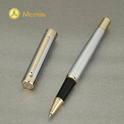 Silver Chrome Rollerball Pen, Stunning Luxury Pen with Mesh Texture Design、Silver Chrome Finish and 24K Gold Accents, Nice Gift Set for Men & Women, Business, Executive, Office, Fancy Pens