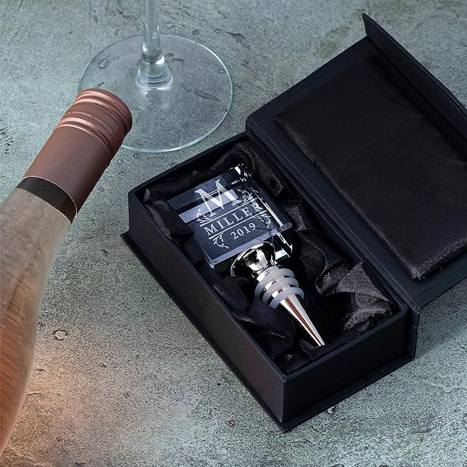 Personalized Crystal Wine Stopper - Custom Engraved Initial, Name & Date - 3D Glass Bottle Stopper with 6 Design Options - Square, Included Gift Box