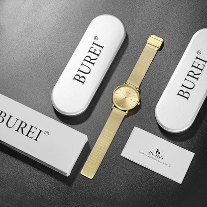 BUREI Men Watches Brown Leather Fashion Minimalist Wrist Watch Simple Ultra Thin Waterproof Quartz Watches All Black Stainless Steel Mesh Band,Gift for Men Women