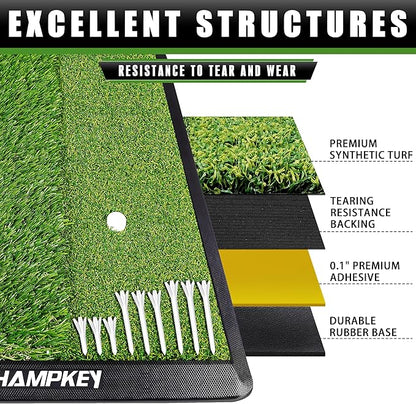CHAMPKEY Dual-Turf Golf Hitting Mat | Come with 9 Golf Tees & 1 Rubber Tee | Heavy Duty Rubber Backing Golf Practice Mat Ideal for Indoor & Outdoor Training