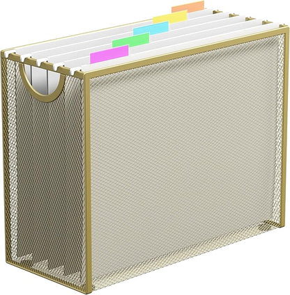 Hanging File Organizer, Letter-size File Holder Filing Box with 5 Hanging Folders, Metal Mesh Desk File Folder Storage(No Assembly Required)