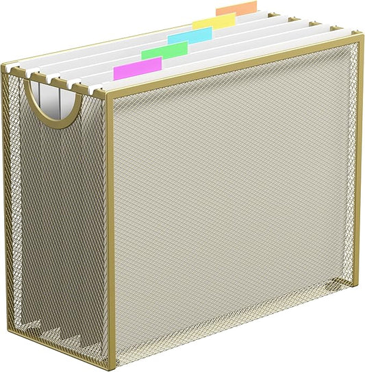 Hanging File Organizer, Letter-size File Holder Filing Box with 5 Hanging Folders, Metal Mesh Desk File Folder Storage(No Assembly Required)