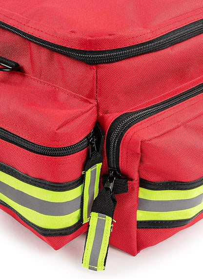 Scherber First Responder Fully-Stocked Professional Essentials EMT/EMS Trauma Kit | HSA/FSA Approved | Reflective Bag w/8 Zippered Pockets & Compartments & 200+ First Aid Supplies - Red