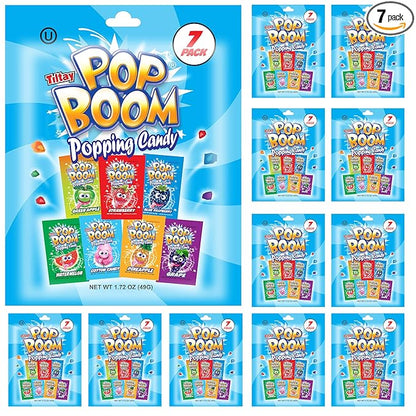 Tiltay Pop Boom Popping Candy – 7 Flavor Assortment, Strawberry, Green Apple, Blue Raspberry, Watermelon, Grape, Pineapple, Cotton Candy – 12 x 7-pack