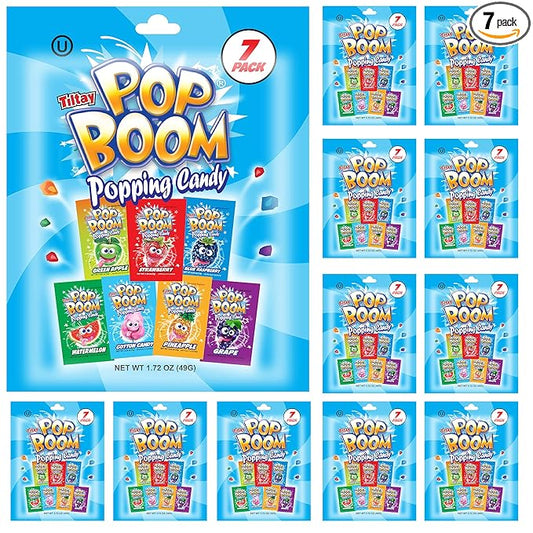 Tiltay Pop Boom Popping Candy – 7 Flavor Assortment, Strawberry, Green Apple, Blue Raspberry, Watermelon, Grape, Pineapple, Cotton Candy – 12 x 7-pack