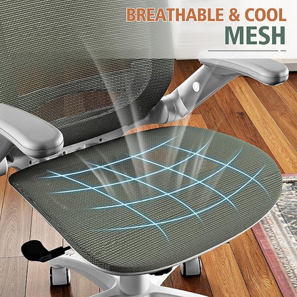 GABRYLLY Ergonomic Office Chair, High Back Home Desk Chair with Headrest, Flip-Up Arms, 90-120° Tilt Lock and Wide Cushion, 400LBS Mesh Chairs for Man Woman, White Task Chair(Olive Green,GY01WOG)