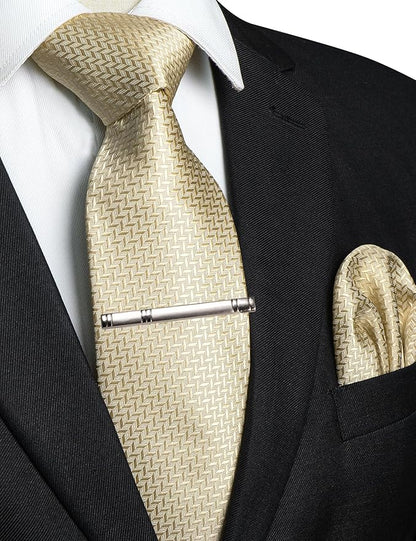 RBOCOTT Mens Woven Tie and Pocket Square with Tie Bar Sets Solid Necktie