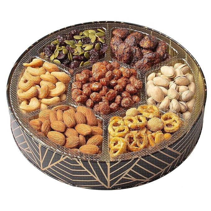 Oh! Nuts 7 Section Nuts Gift Basket - Gourmet Assorted Nut Gifts Baskets - Healthy Nuts Gift Round Metal Tin Box - Premium Food Gift for Birthday, Holiday, Movie Night, Corporate, Men & Women
