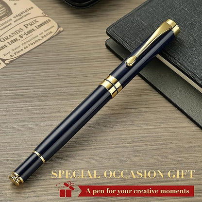 BEILUNER Ballpoint Pens, Stunning Blue Chrome Metal Pen with Golden Trim, Best Ball Pen Gift Set for Men & Women, Graduation, Executive, Office, Nice Office-Gift Box with 0.5mm Black Extra Refill