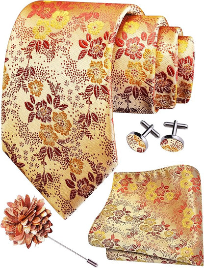 GUSLESON 3.15"（8cm） Mens Floral Tie and Lapel Pin Necktie Hankerchief Cufflinks Set for Men