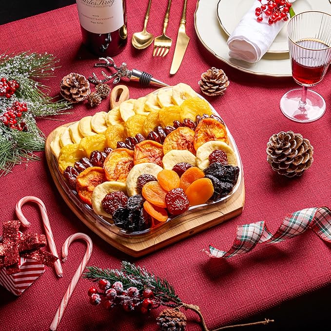 Oh! Nuts Dried Fruit Gift Basket - Gourmet Gift Baskets - Holiday Healthy Assortment Dried Fruits Gift Box - Crafted in the USA - Wooden Apple Shape Gift Tray - (Honey Beige)