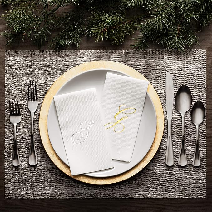 AH AMERICAN HOMESTEAD Disposable Hand Towels for Bathroom 50 Count - Guest Bathroom Essentials -Bathroom Paper Towels - Monogrammed Disposable Napkins - Wedding Napkins in Paper Towel Tray (Gold, W)