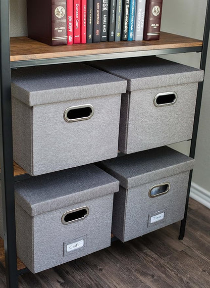 Internet's Best Collapsible File Storage Organizer with Lid - Decorative Linen Filing & Storage Office Box – Hanging Letter/Legal Folder – Home Office Bins Cabinet – Grey Container - 4 Pack