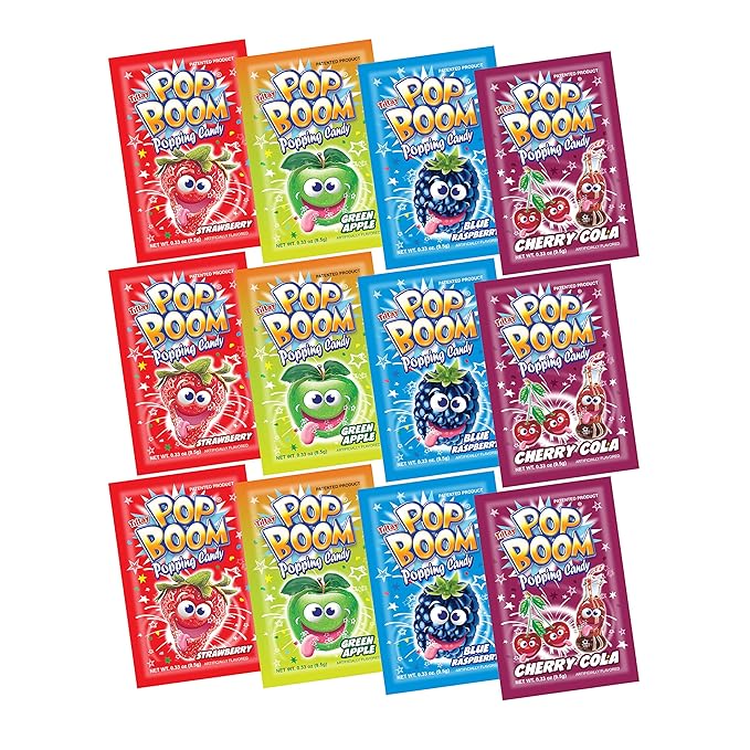 Tiltay Pop Boom Popping Candy – 4 Flavor Assortment, Strawberry, Cherry Cola, Green Apple, Blue Raspberry - 12 Packs