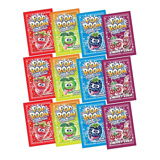 Tiltay Pop Boom Popping Candy – 4 Flavor Assortment, Strawberry, Cherry Cola, Green Apple, Blue Raspberry - 12 Packs