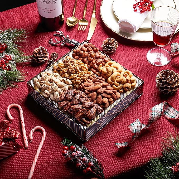 Oh! Nuts 6 Section Nuts Gift Basket - Gourmet Assorted Nut Gifts Baskets - Healthy Nuts Gift Square Metal Tin Box - Premium Food Gift for Birthday, Holiday, Movie Night, Corporate, Men & Women
