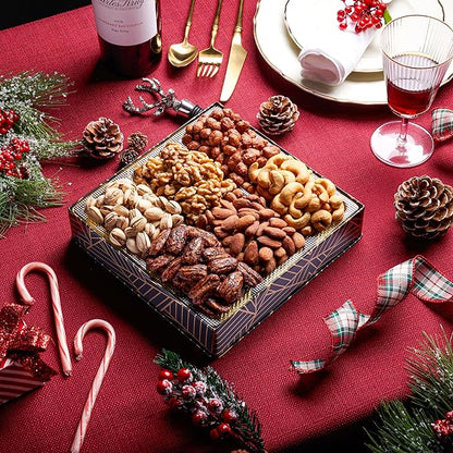 Oh! Nuts 6 Section Nuts Gift Basket - Gourmet Assorted Nut Gifts Baskets - Healthy Nuts Gift Square Metal Tin Box - Premium Food Gift for Birthday, Holiday, Movie Night, Corporate, Men & Women