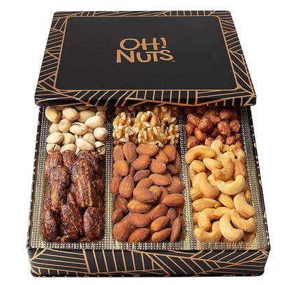 Oh! Nuts 6 Section Nuts Gift Basket - Gourmet Assorted Nut Gifts Baskets - Healthy Nuts Gift Square Metal Tin Box - Premium Food Gift for Birthday, Holiday, Movie Night, Corporate, Men & Women