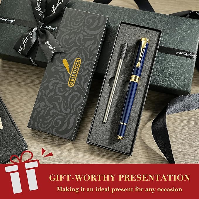 BEILUNER Ballpoint Pens, Stunning Blue Chrome Metal Pen with Golden Trim, Best Ball Pen Gift Set for Men & Women, Graduation, Executive, Office, Nice Office-Gift Box with 0.5mm Black Extra Refill