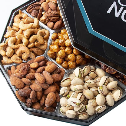 Oh! Nuts Gift Basket 7 Section Assorted Gift Tin Box - Gourmet 7 Variety Fresh Roasted Nuts - Healthy Snacks for Birthday, Anniversary, Family Party, Movie Night - for Men & Women