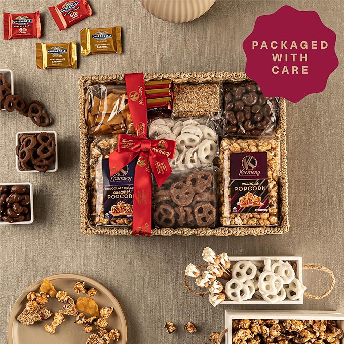 KREMERY Creamy Chocolate Cravings - Thanksgiving Chocolate Covered Pretzels & Caramel Popcorn Gift Basket, in Seagrass Tray + Ribbon (Deluxe, 3.5 lbs) Holiday Xmas Christmas