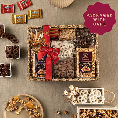 KREMERY Creamy Chocolate Cravings - Thanksgiving Chocolate Covered Pretzels & Caramel Popcorn Gift Basket, in Seagrass Tray + Ribbon (Deluxe, 3.5 lbs) Holiday Xmas Christmas