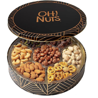Oh! Nuts 7 Section Nuts Gift Basket - Gourmet Assorted Nut Gifts Baskets - Healthy Nuts Gift Round Metal Tin Box - Premium Food Gift for Birthday, Holiday, Movie Night, Corporate, Men & Women