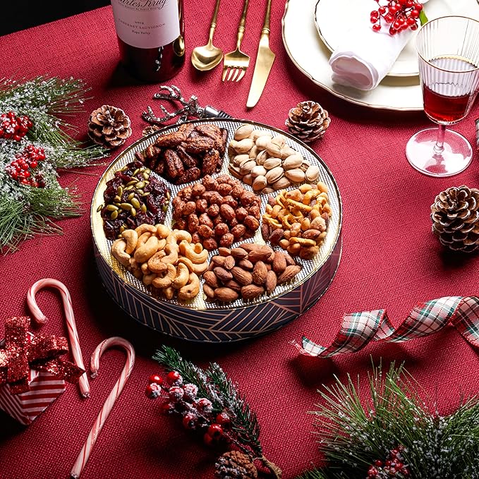 Oh! Nuts 7 Section Nuts Gift Basket - Gourmet Assorted Nut Gifts Baskets - Healthy Nuts Gift Round Metal Tin Box - Premium Food Gift for Birthday, Holiday, Movie Night, Corporate, Men & Women