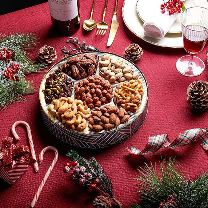 Oh! Nuts 7 Section Nuts Gift Basket - Gourmet Assorted Nut Gifts Baskets - Healthy Nuts Gift Round Metal Tin Box - Premium Food Gift for Birthday, Holiday, Movie Night, Corporate, Men & Women