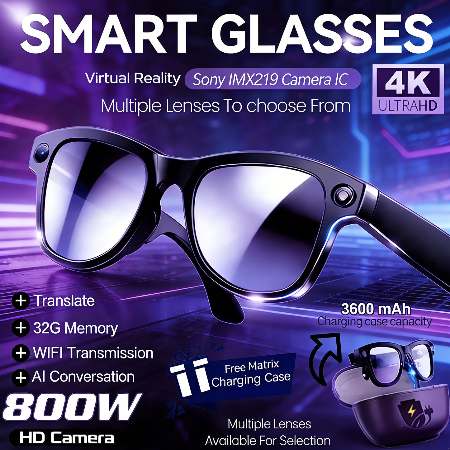 KULANNDER Smart AI Glasses 2026 M02 Ultra | 8MP Camera, 3600mAh, 120+ Languages, ChatGPT, 32GB