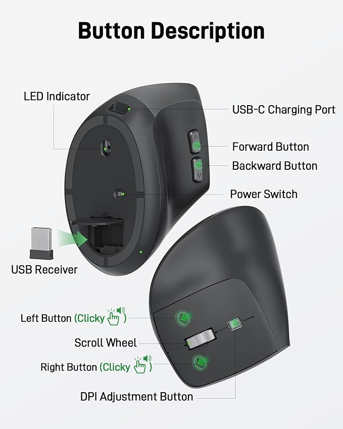 acer Ergonomic Mouse Wireless, Adjustable DPI Vertical Mouse 1000/1200/1600 with 6 Buttons, Rechargeable Ergo Mice, Medium to Large Sized Hands, 2.4GHz USB Receiver for Computer, Laptop, PC | Mice - TrueDesk