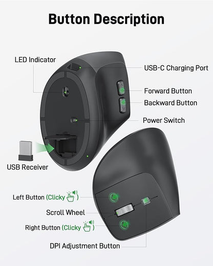 acer Ergonomic Mouse Wireless, Adjustable DPI Vertical Mouse 1000/1200/1600 with 6 Buttons, Rechargeable Ergo Mice, Medium to Large Sized Hands, 2.4GHz USB Receiver for Computer, Laptop, PC | Mice - TrueDesk