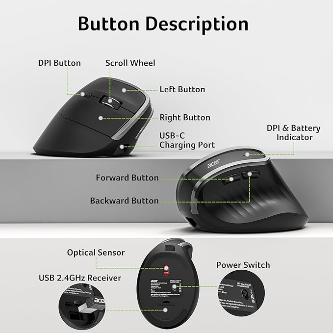 acer Ergonomic Mouse Wireless, Vertical Computer Mouse for Office, Ergo Mice Rechargeable for Medium to Large Sized Hands, 2.4GHz USB Receiver, 800/1200/1600 DPI, 6 Buttons for Laptop, PC and Desktop | Mice - TrueDesk