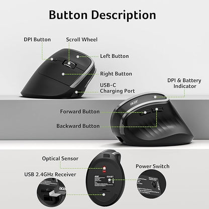 acer Ergonomic Mouse Wireless, Vertical Computer Mouse for Office, Ergo Mice Rechargeable for Medium to Large Sized Hands, 2.4GHz USB Receiver, 800/1200/1600 DPI, 6 Buttons for Laptop, PC and Desktop | Mice - TrueDesk