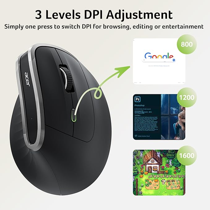 acer Ergonomic Mouse Wireless, Vertical Computer Mouse for Office, Ergo Mice Rechargeable for Medium to Large Sized Hands, 2.4GHz USB Receiver, 800/1200/1600 DPI, 6 Buttons for Laptop, PC and Desktop | Mice - TrueDesk