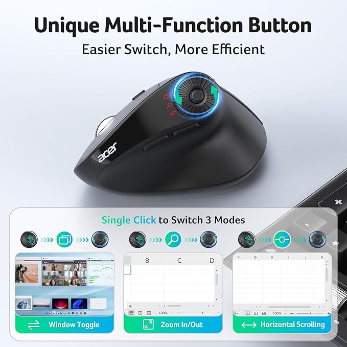 acer Ergonomic Mouse Wireless with Side Scroll Wheel, Bluetooth Mouse for Laptop(BT5.2+2.4GHz), Office Vertical Computer Mice, Small to Medium Sized Hands Ergo Mice, 8 Buttons for PC, MacBook Neo | Mice - TrueDesk