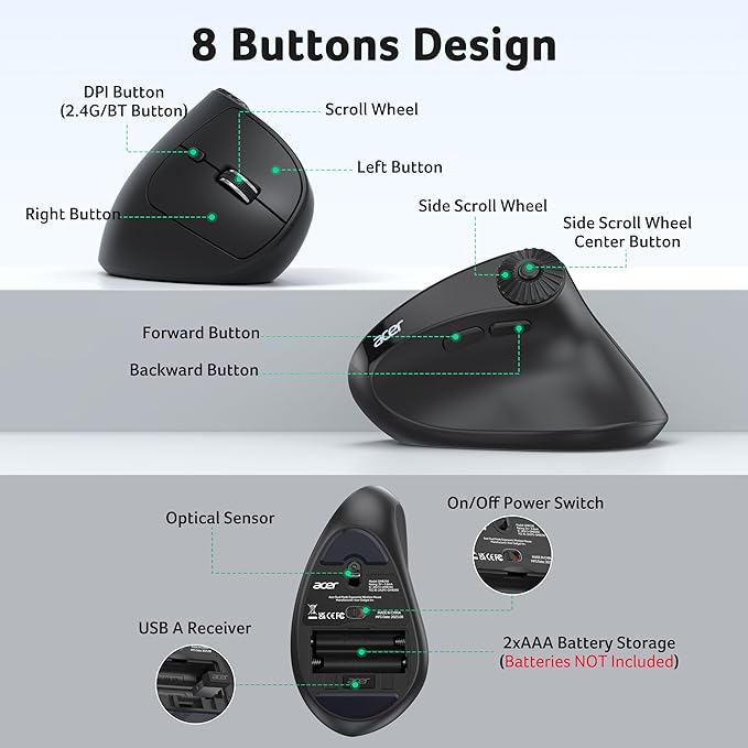 acer Ergonomic Mouse Wireless with Side Scroll Wheel, Bluetooth Mouse for Laptop(BT5.2+2.4GHz), Office Vertical Computer Mice, Small to Medium Sized Hands Ergo Mice, 8 Buttons for PC, MacBook Neo | Mice - TrueDesk