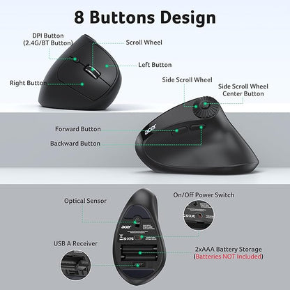 acer Ergonomic Mouse Wireless with Side Scroll Wheel, Bluetooth Mouse for Laptop(BT5.2+2.4GHz), Office Vertical Computer Mice, Small to Medium Sized Hands Ergo Mice, 8 Buttons for PC, MacBook Neo | Mice - TrueDesk