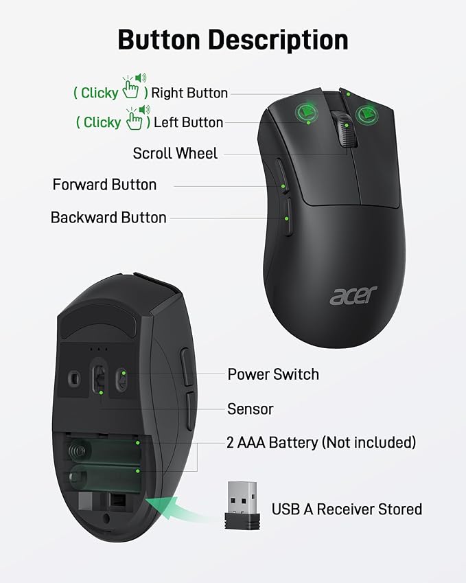 acer Wireless Mouse, 1200 DPI Computer Mouse for Laptop with 2.4GHz USB A Receiver, 5 Buttons Compatible for Windows, macOS, Android (Black) | Mice - TrueDesk