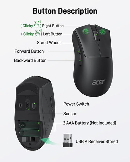acer Wireless Mouse, 1200 DPI Computer Mouse for Laptop with 2.4GHz USB A Receiver, 5 Buttons Compatible for Windows, macOS, Android (Black) | Mice - TrueDesk
