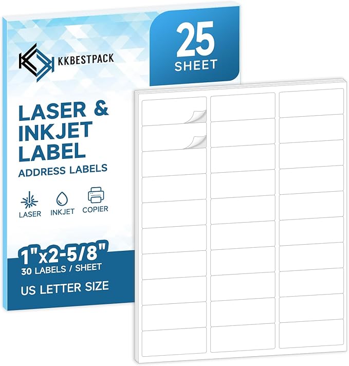 Address Labels for Printer 750 Labels - 1" x 2 - 5/8", Mailing, Storage & Pantry Organization, Laser/Inkjet Compatible, 30 Per Page, 25 Sheets | Laser Inkjet Printer Labels - TrueDesk