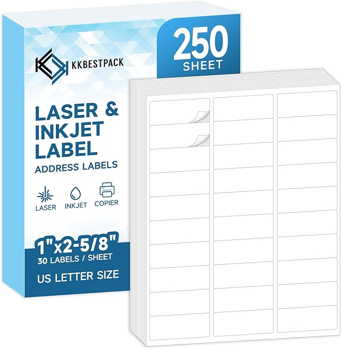 Address Labels for Printer 7500 Labels - 1" x 2 - 5/8", Mailing, Storage & Pantry Organization, Laser/Inkjet Compatible, 30 Per Page, 250 Sheets | Laser Inkjet Printer Labels - TrueDesk