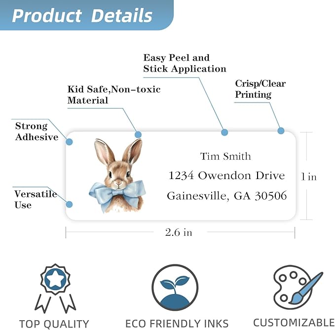 Address Labels Personalized Return Address Labels, 2.6" x 1" Easter Bunny Custom Mailing Label for Envelopes (30 - 1200) Customized Self Adhesive Stickers Printable Mail Envelope Adress Label, White | Address Labels - TrueDesk