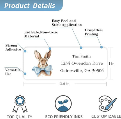 Address Labels Personalized Return Address Labels, 2.6" x 1" Easter Bunny Custom Mailing Label for Envelopes (30 - 1200) Customized Self Adhesive Stickers Printable Mail Envelope Adress Label, White | Address Labels - TrueDesk
